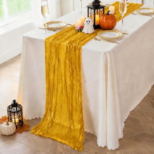 Gold Cheesecloth Table Runner 3 Pack, 35x120 Inches Boho Rustic Decor for Weddings & Events