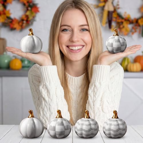 DoubleFill White Checkered Stripe Ceramic Pumpkins Fall Centerpiece - Gray & White, 6 Pieces