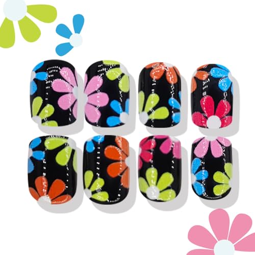 Spring Press-On Nails Black Square with Fluorescent Flowers - W14