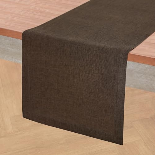 Pure Linen Table Runner Brown 14 x 132 Inches - Athena by Solino Home, Chambray Variation