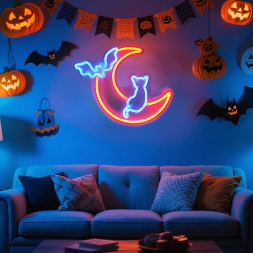 Halloween Neon Sign Wall Decor - Moon Bat Cat Theme, Adjustable Brightness - Style A