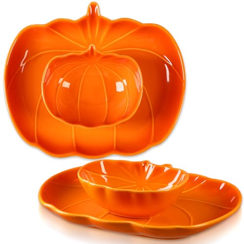Pumpkin Shaped Ceramic Dinnerware Set - Orange Fall Plates & Bowls for Thanksgiving Halloween