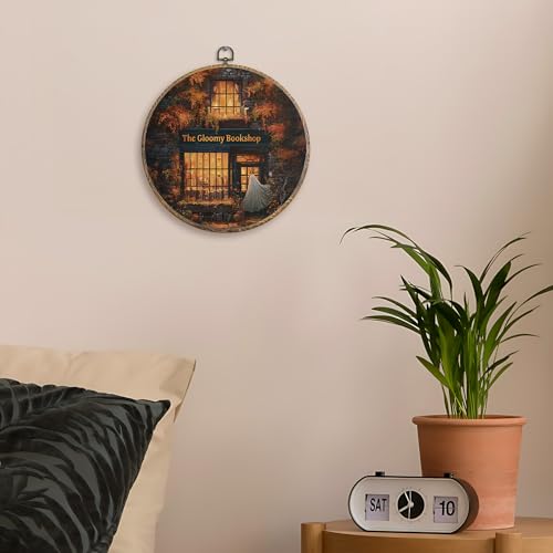 Halloween Ghost Wall Art Decor for Bookstore - 10x10 Inch Round Canvas Print - Spooky Library Wall Hanging