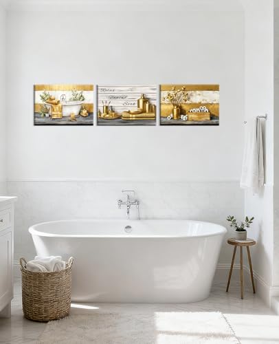 Farmhouse Bathroom Wall Art Set - 3 Piece Gold Canvas Prints 11x14 Ready to Hang