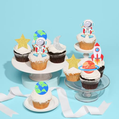 Edible Space Astronaut Cupcake Toppers Set - 12 Variations Planet Rocket Moon
