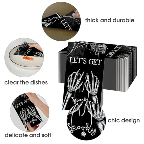 Halloween Paper Napkins 100Pcs - Black Cobweb Skeleton Scary Theme, 4.3 x 7.9 Inches