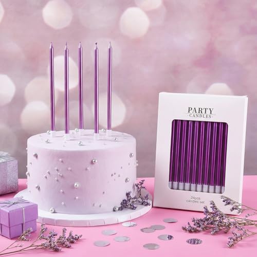 Purple Long Thin Birthday Candles - 24 Count Tall Cake Toppers with Metallic Luster - Party & Celebration Supplies