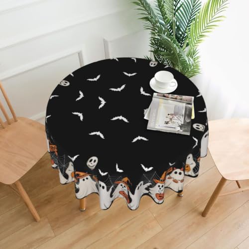Halloween Round Tablecloth 70 Inch Black White Ghost Pumpkin Bats Fall Decor with Variation