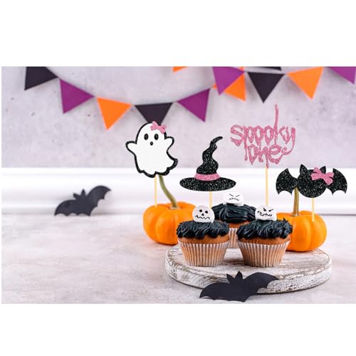 Pink Ghost Cupcake Toppers for Halloween 1st Birthday - Pink One, 24 Pcs