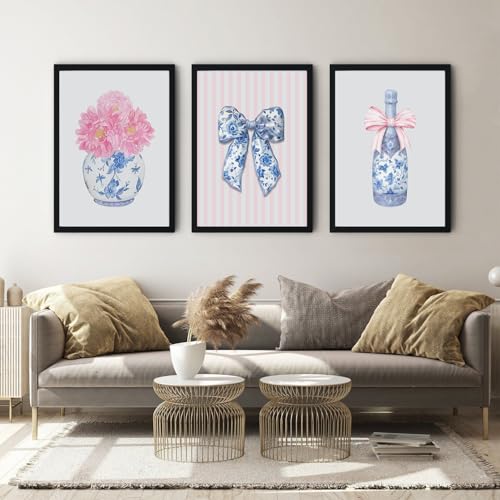 Black Framed Blue Pink White Flower Canvas Wall Art Set - 12x16 Inch, Chinoiserie Style