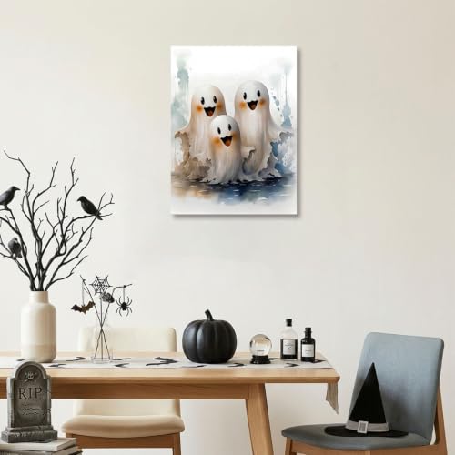Halloween Canvas Wall Art - Whimsical Ghosts in Haunted Forest 18x24 Inches - Dark Romantic Home Decor