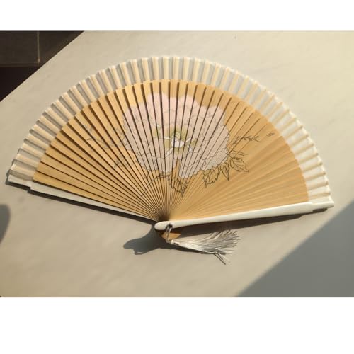 Handheld Silk Folding Fan with Bamboo Frame - White Peony, 8.66 Inch, Chinese & Japanese Style, Party & Wedding Prop