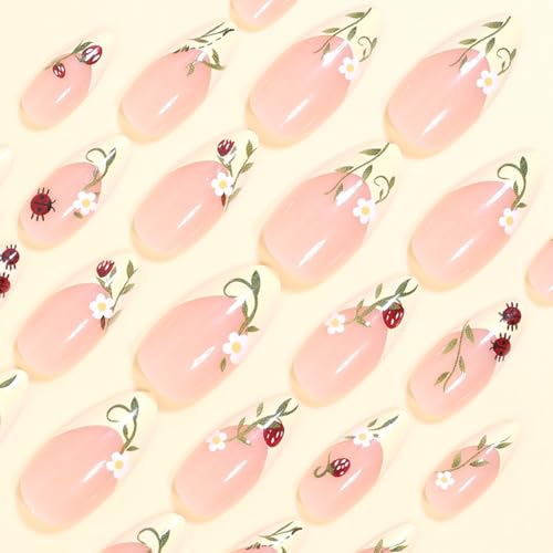 French Tip Press-On Nails Set - Daisy Ladybug Strawberry Floral Almond Style, 24Pcs