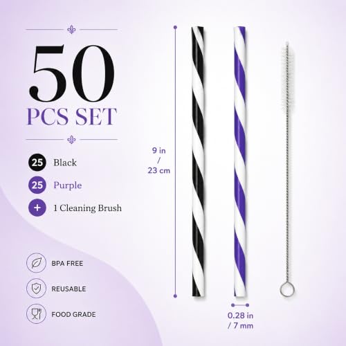 Halloween Reusable Straws Set - Black and Purple Stripe, 50 Pack, 9 Inch