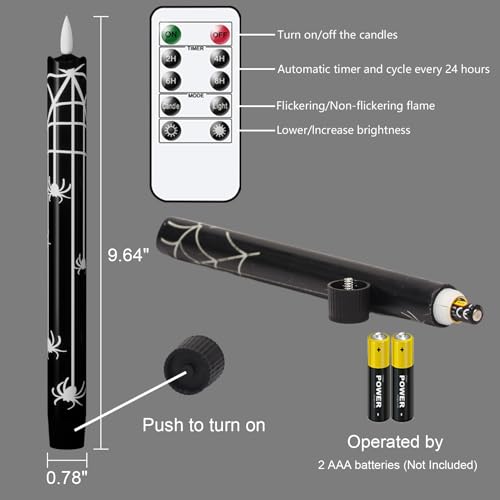 Halloween Flameless Taper Candles with Spider Decals - Remote & Timer - Black, Variation 3-Spider