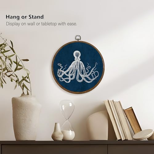 Navy Blue Coastal Octopus Wall Art Decor - Round Canvas for Living Room & Bathroom