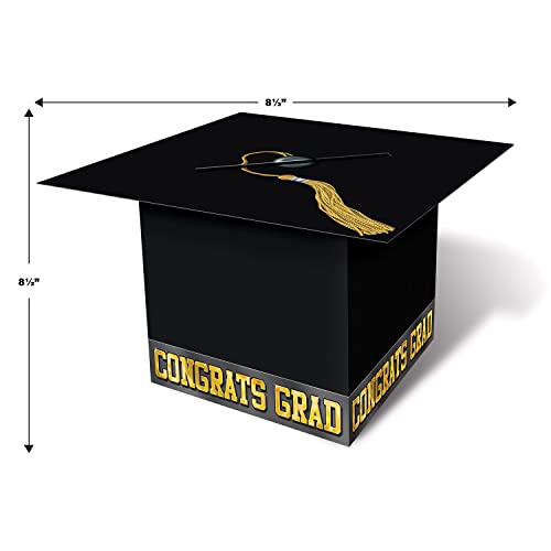 8.5 x 8.5 Inch Black Graduation Cap Gift Card Boxes Pack of 3 - Gold 'Congrats Grad' Design