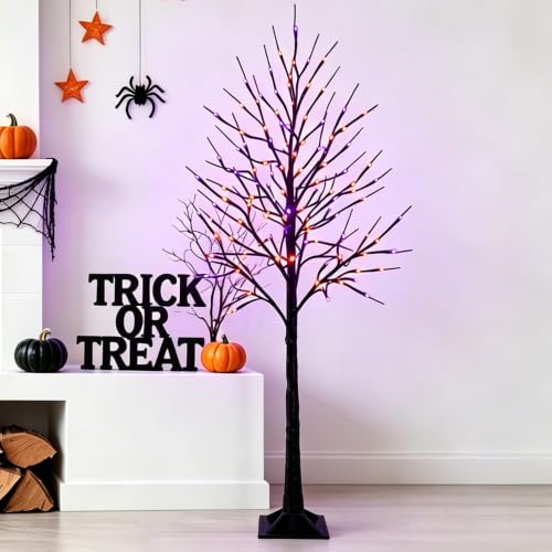 6FT Halloween Black Birch Tree with 288 Purple & Orange LED Lights, Waterproof Indoor Outdoor Decor