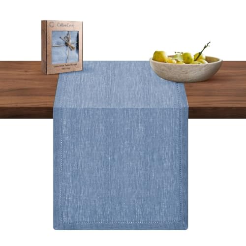Light Blue 100% Linen Table Runner 72 Inch Long - Rustic Farmhouse Decor