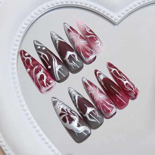 Punk Style Long Metallic Press On Nails - Irregular Lines Heart Tips Black Silver Red Gradient, 24Pcs with Glue for Women