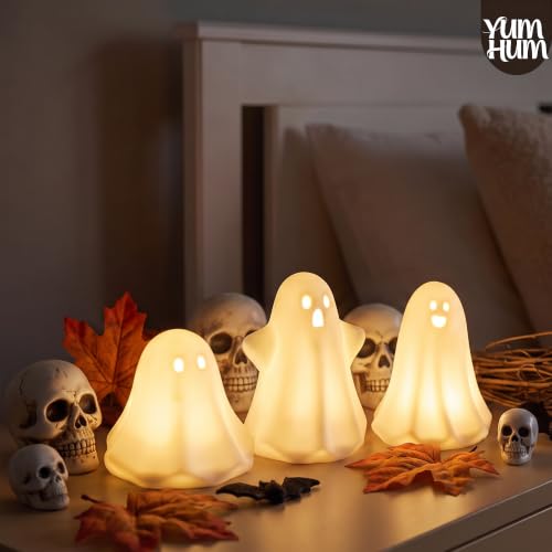 3-Pack Ceramic Ghost Halloween Decorations with Warm Amber LED Glow - Indoor Spooky Decor