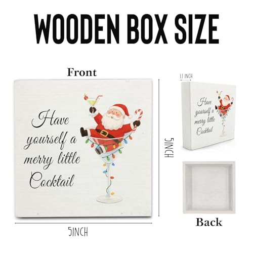 Christmas Santa Cocktail Wooden Sign - Funny Xmas Bar Decor - 5x5 Inch Santa Claus Wood Block - Holiday Desk Wall Decoration - Santa Cocktail Variation