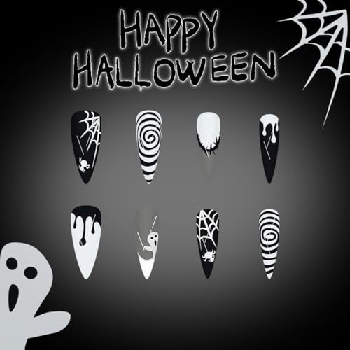 Halloween Press On Nails Long Stiletto Fake Nails with Designs - Spider Web & Ghost Style D24