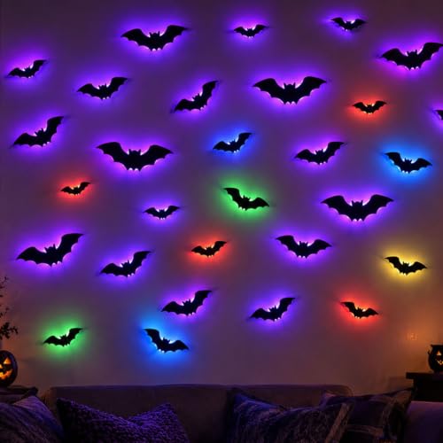 36 Pack LED Halloween Wall Decor Bats - 3D Light Up Wall Stickers, Reusable Spooky Decorations