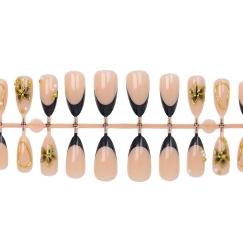 Black French Tips Press On Nails with 5D Flower Charm - Almond, Gold Lines, Pearl, Reusable, 24Pcs - Variation: Color46