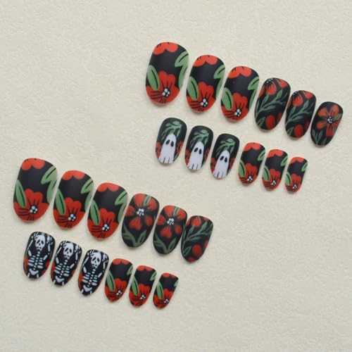 Halloween Press On Nails Short Oval Orange Flower & Skull Design - Variation 14