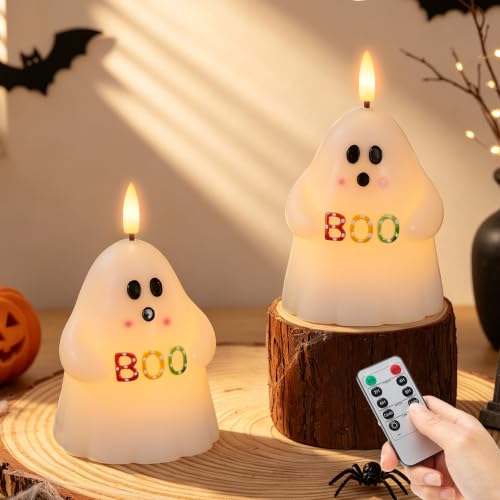 Halloween Ghost Flameless Candles with BOO - Colorful Variation, Remote Timer, Battery Operated