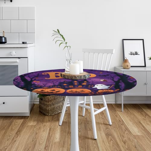 Halloween Pumpkin Castle Fitted Round Tablecloth - Waterproof & Washable, 45-50 Inch Variation A-01