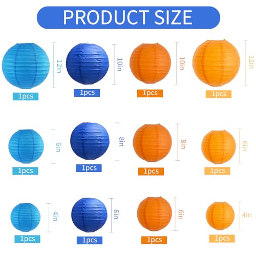 Blue Orange Paper Lanterns Set - 12 pcs Round Chinese Lanterns 4-12 Inch Variation