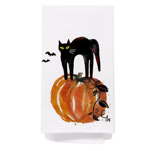 Halloween Kitchen & Bath Towels - Black Cat & Pumpkin Decor, 16x24 Inches - Fall Black Cat Variation