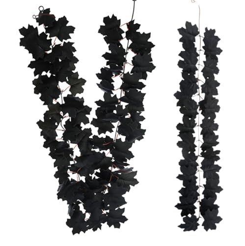 Black Maple Leaf Halloween Garland Set of 2 - Outdoor Fall Decor, Eerie Elegance