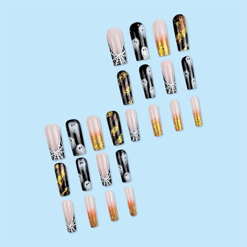 Halloween Press On Nails Long Square - Gold Ombre Fake Nails with Ghost Spider Web Design - Variation B3