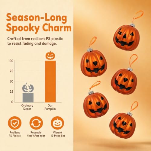 Halloween Pumpkin Hanging Decorations Set - 12 Plastic Ornaments for Festive Indoor & Outdoor Decor