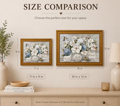 Hydrangea & Hummingbird Floral Canvas Wall Art - Rustic Bathroom & Living Room Decor 11x9in
