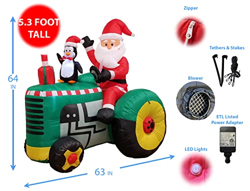 5.3 Ft Inflatable Christmas Santa Driving Tractor with Penguin Outdoor Decor