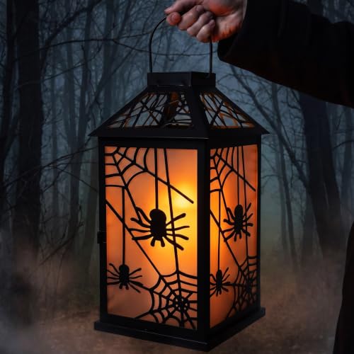 Halloween Candle Lantern with Spider Web Design - Indoor & Porch Decor, Spooky Spider Variation