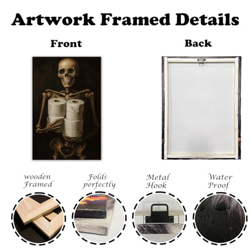 Halloween Skull Wall Art Canvas Print - Funny Skeleton with Toilet Paper, Framed 16x24 Inches - Variation Artwork-8