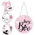 Halloween Pink Boo Door Sign & Wreath Set Wooden Halloween Decorations