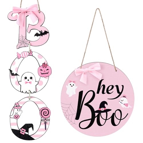 Halloween Pink Boo Door Sign & Wreath Set Wooden Halloween Decorations