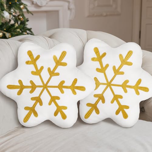 Snowflake Throw Pillows Set - Gold Winter Decorative Cushions, 2 Pieces