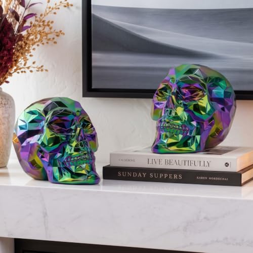 Iridescent Black Skull Decor Statue - Gothic Resin Human Head Model for Halloween & Home Decor