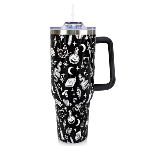 40oz Gothic Travel Tumbler with Handle & Straw - Halloween Gift, Black & Goth Variation