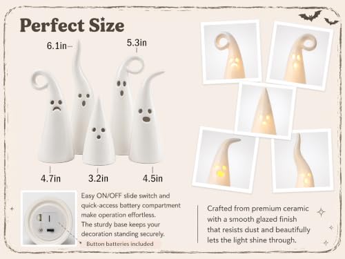 Ceramic Ghost Light Set - Halloween Decor with LED Lights, 5 Pieces