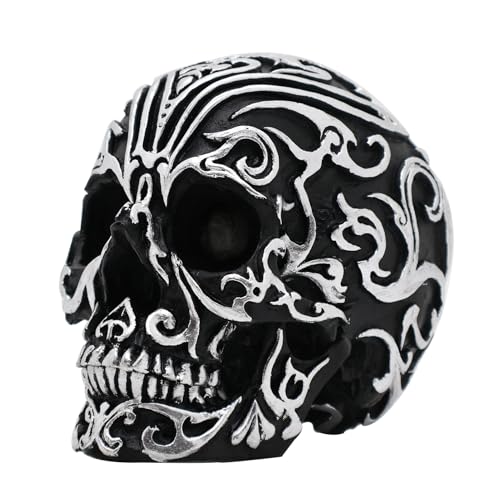 Gothic Skull Decor - 5.2 Inch Halloween Skeleton Head with Silver Patterns for Home & Office