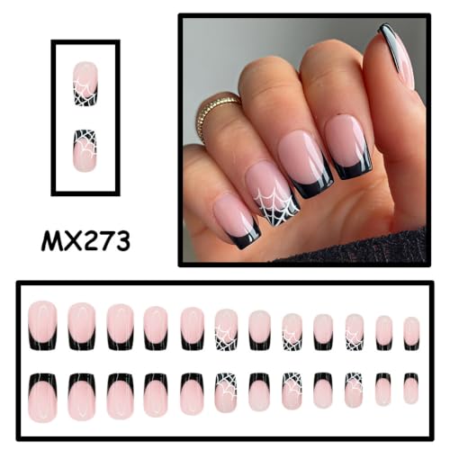 Halloween Press On Nails Square - Black French Tip, Medium, Nude Pink, Style-04, 24 Pieces