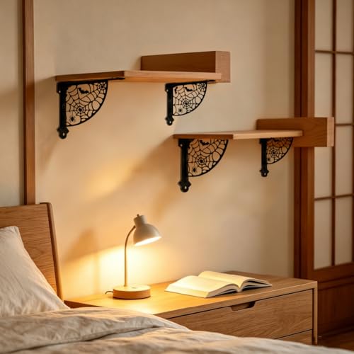 Spider Pattern Heavy Duty Decorative Shelf Brackets - Black Iron Wall Mount Support - Set of 2